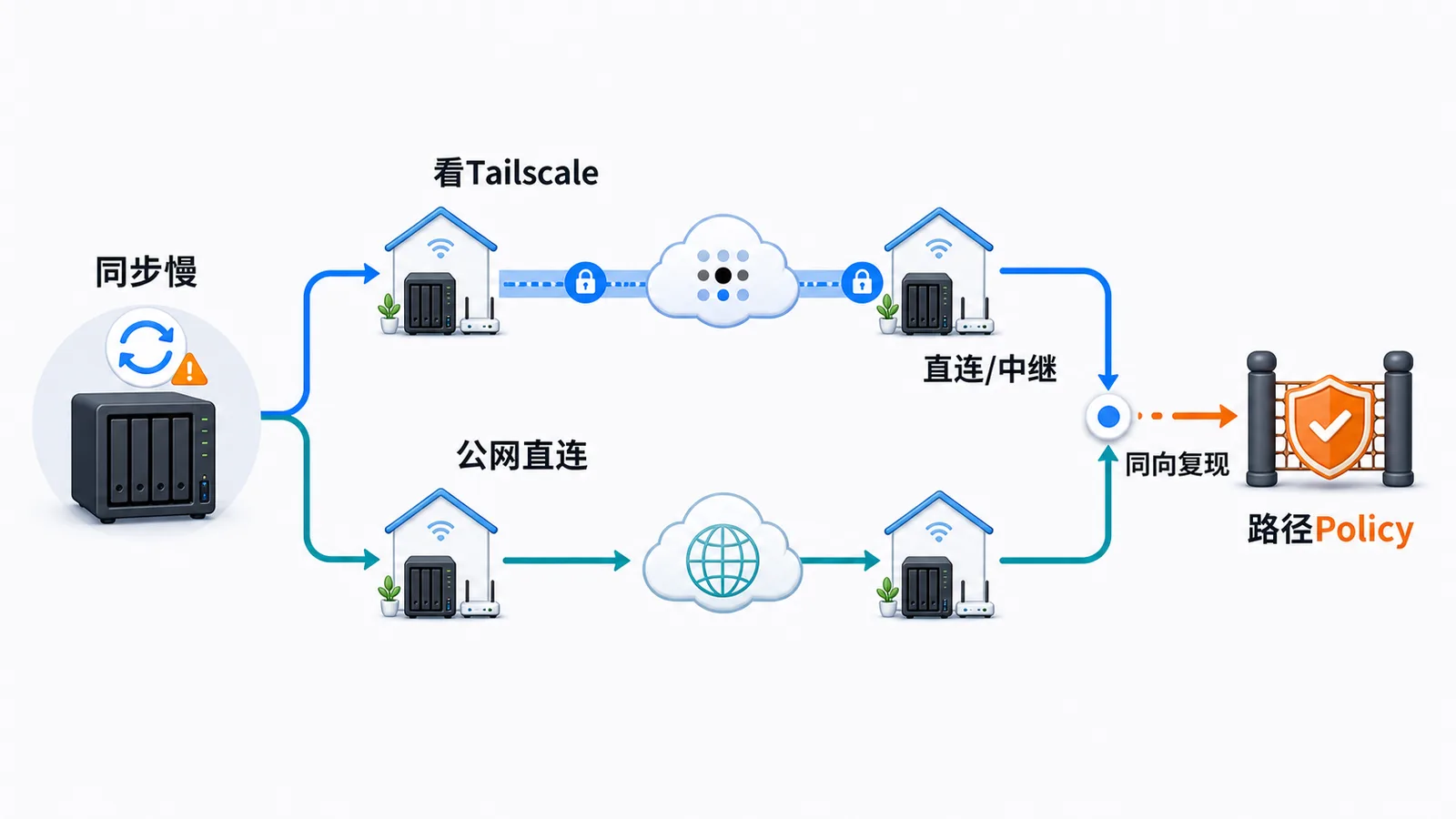 同步慢时的排查路径：先看 Tailscale，再测公网直连